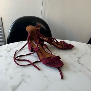 Burgundy suede wrap up heeled sandals